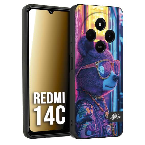 CUSTOMIZZA - Custodia cover nera morbida in tpu compatibile per Xiaomi Redmi 14C animali cyberpunk orsetto orso street bear fucsia blu night