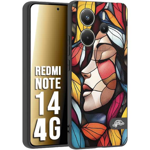 CUSTOMIZZA - Custodia cover nera morbida in tpu compatibile per Xiaomi Redmi Note 14 4G Vetrata artistica volto di donna profilo fogliare mosaico di vetro colorato