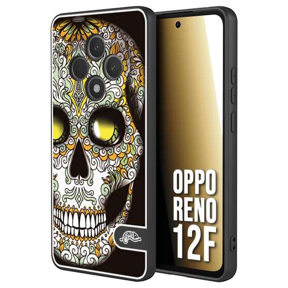 CUSTOMIZZA - Custodia cover nera morbida in tpu compatibile per Oppo Reno 12F teschio messicano Mexican skull bianco verde giallo
