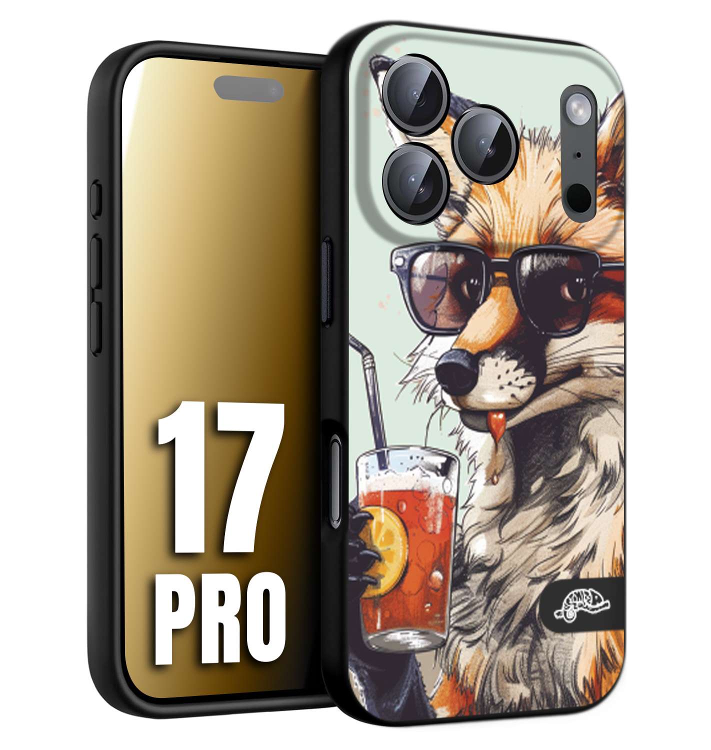 CUSTOMIZZA - Custodia cover nera morbida in tpu compatibile per iPhone 17 PRO estate disegnata cocktails animali simpatici fox volpe negroni