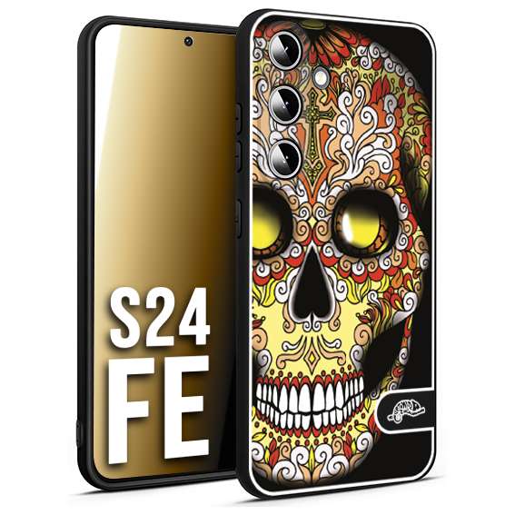 CUSTOMIZZA - Custodia cover nera morbida in tpu compatibile per Samsung S24 FE teschio messicano Mexican skull giallo rosso arancio