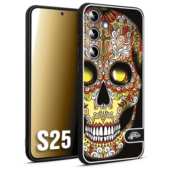 CUSTOMIZZA - Custodia cover nera morbida in tpu compatibile per Samsung S25 teschio messicano Mexican skull giallo rosso arancio
