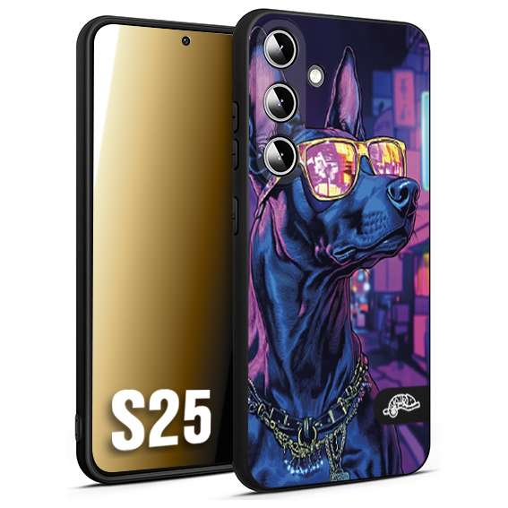 CUSTOMIZZA - Custodia cover nera morbida in tpu compatibile per Samsung S25 animali cyberpunk dobermann cane street dog fucsia blu night