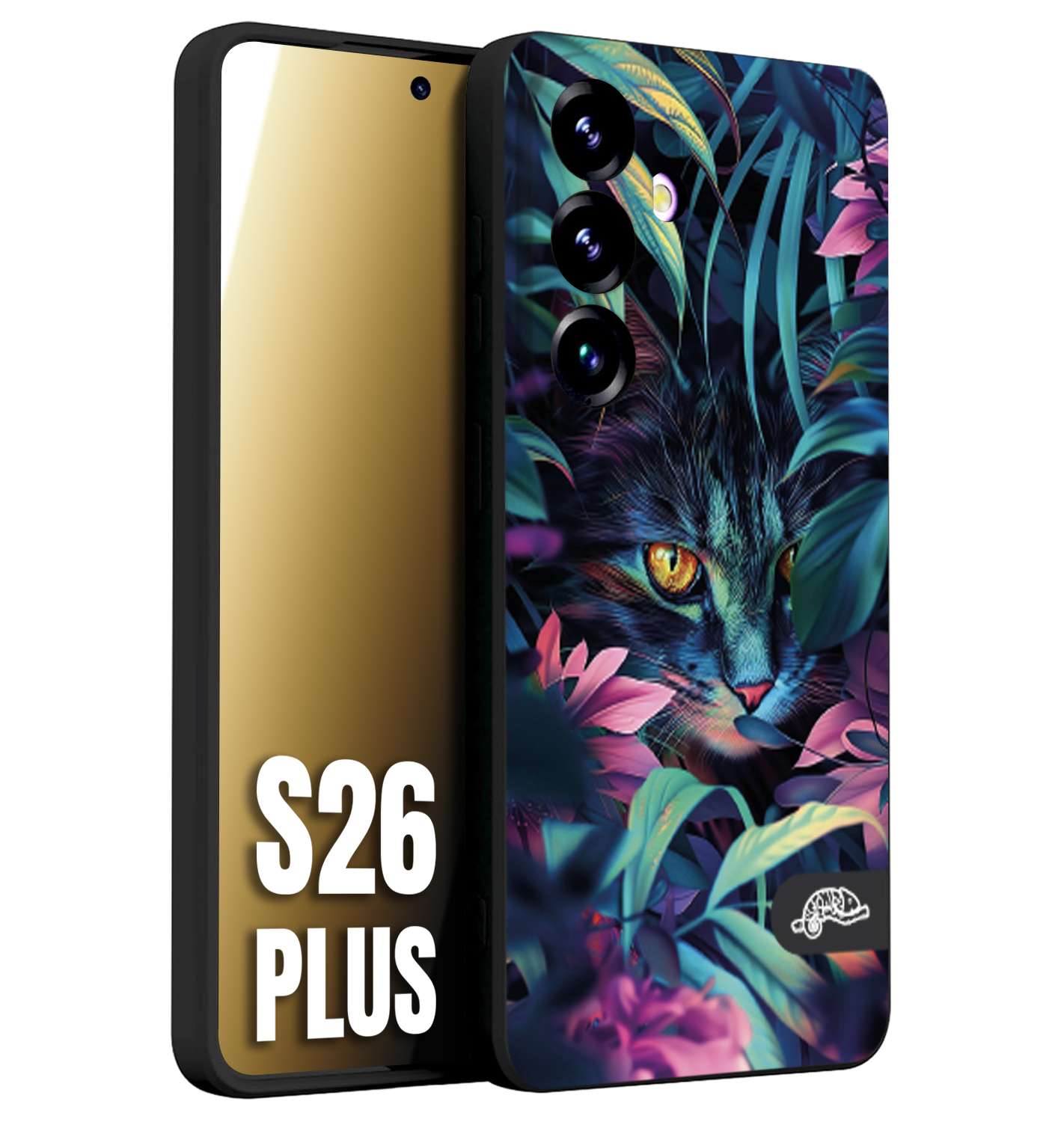 CUSTOMIZZA - Custodia cover nera morbida in tpu compatibile per Samsung S26 PLUS animali color giungla tropicale occhio di gatto colori vibranti disegnato