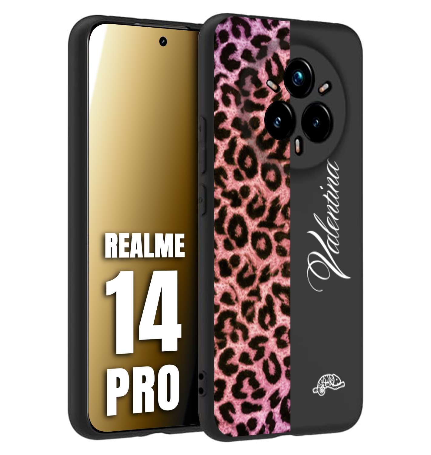 CUSTOMIZZA - Custodia cover nera morbida in tpu compatibile per Realme 14 PRO leopardato rosa fucsia personalizzata nome iniziali