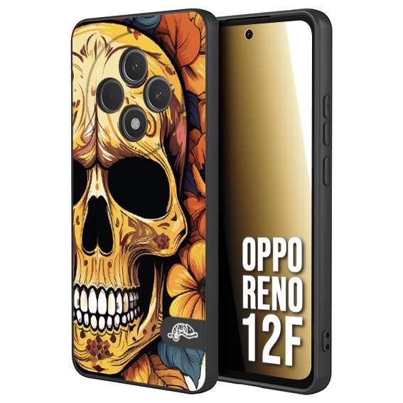 CUSTOMIZZA - Custodia cover nera morbida in tpu compatibile per Oppo Reno 12F teschio messicano colorato dorato fiori autunnali disegnato