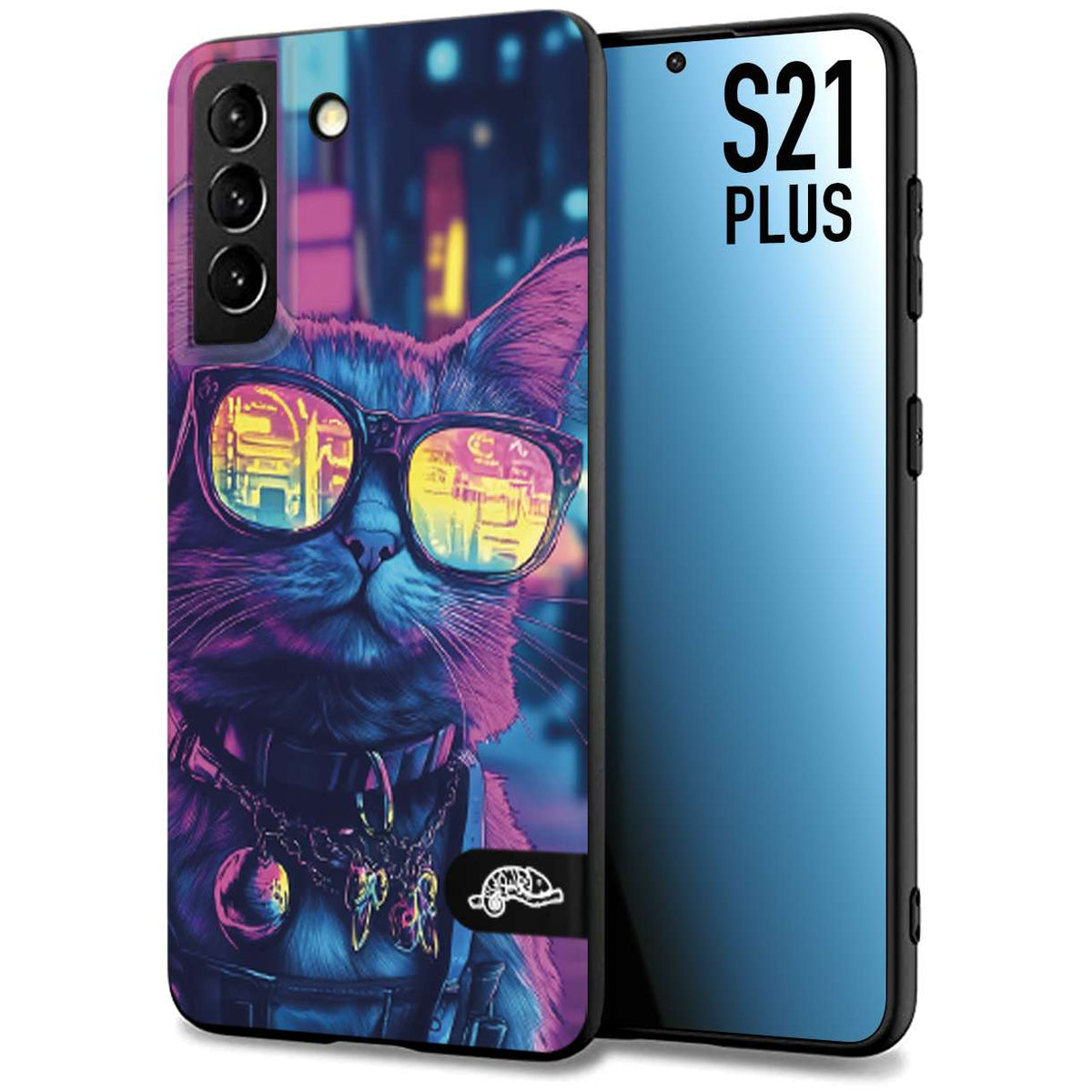 CUSTOMIZZA - Custodia cover nera morbida in tpu compatibile per Samsung S21 PLUS animali cyberpunk gatto street cat fucsia blu giallo