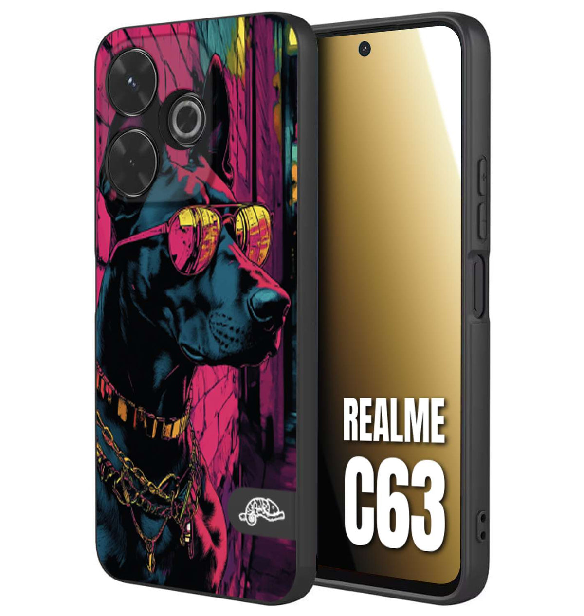 CUSTOMIZZA - Custodia cover nera morbida in tpu compatibile per Realme C63 animali cyberpunk dobermann cane street dog fucsia blu