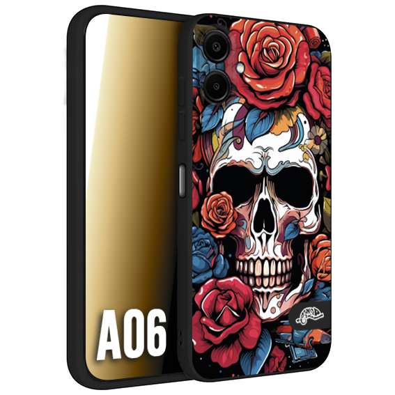 CUSTOMIZZA - Custodia cover nera morbida in tpu compatibile per Samsung A06 teschio skull flowers fiori rose rosse tattoo disegnato