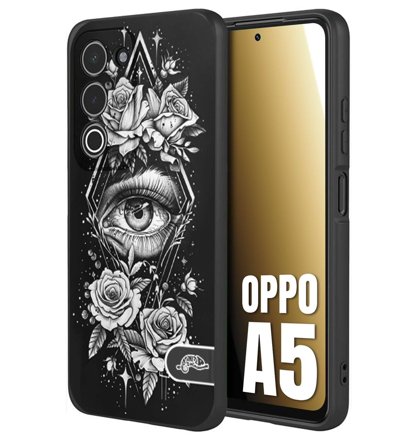 CUSTOMIZZA - Custodia cover nera morbida in tpu compatibile per Oppo A5 occhio fiori rombo geometrico black and white bianco a rilievo disegnato tattoo tatuaggio
