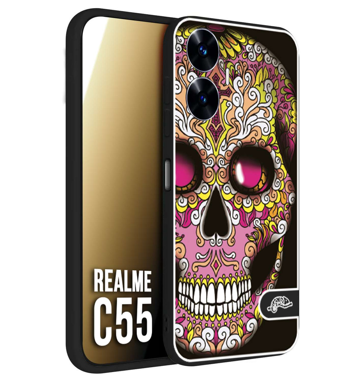 CUSTOMIZZA - Custodia cover nera morbida in tpu compatibile per Realme C55 teschio messicano Mexican skull rosa gialla