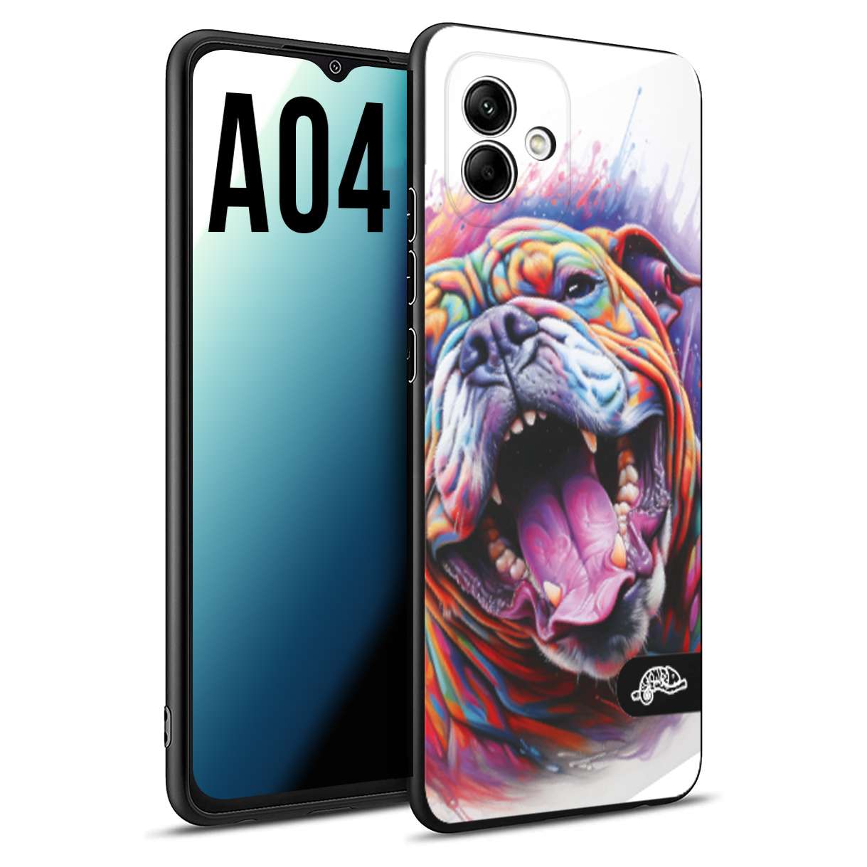 CUSTOMIZZA - Custodia cover nera morbida in tpu compatibile per Samsung A04 animali color bulldog cane dog colori vibranti disegnato schizzo