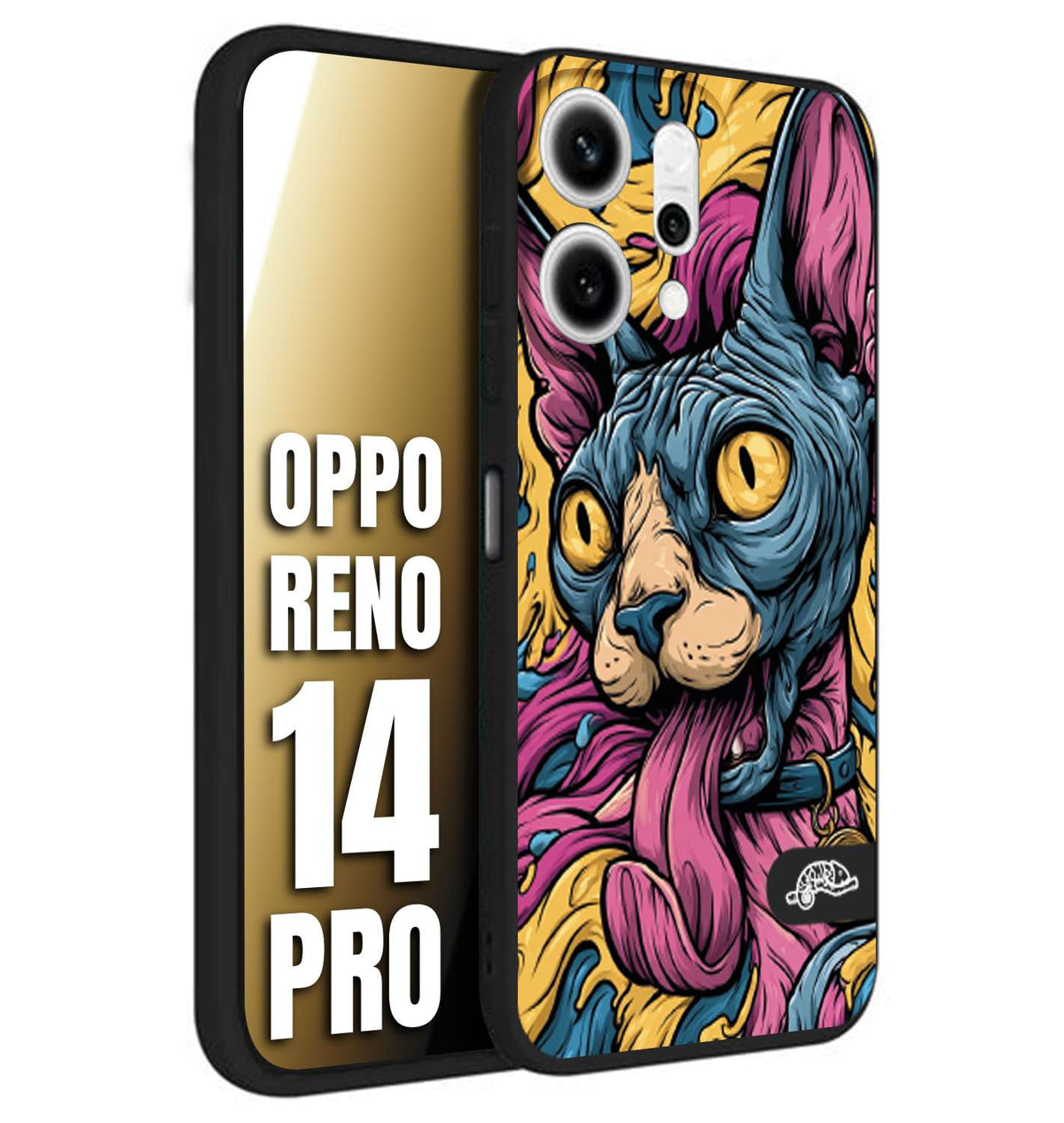 CUSTOMIZZA - Custodia cover nera morbida in tpu compatibile per Oppo Reno 14 PRO Sphynx Colorato Pop Art Psichedelico Gatto Blu Rosa Giallo Artistica Fantasy