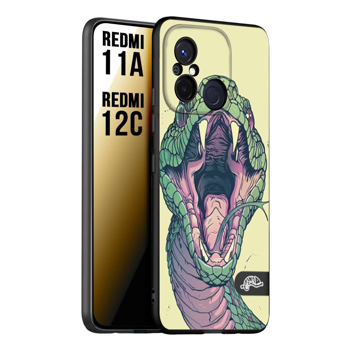CUSTOMIZZA - Custodia cover nera morbida in tpu compatibile per Xiaomi Redmi 11A - 12C snake yellow green serpente tatuaggio tattoo disegnato a mano
