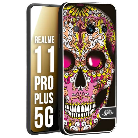 CUSTOMIZZA - Custodia cover nera morbida in tpu compatibile per Oppo Realme 11 PRO PLUS 5G teschio messicano Mexican skull rosa gialla