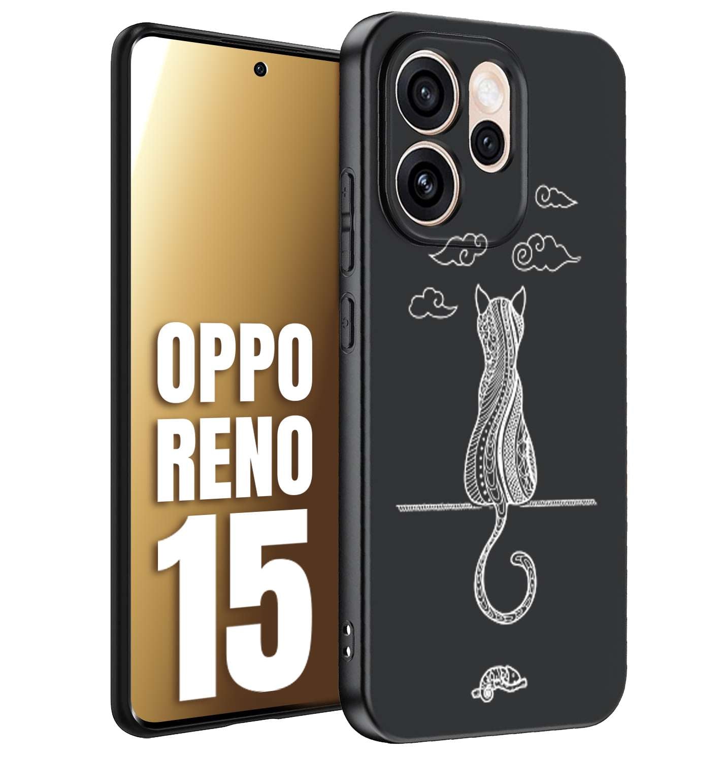 CUSTOMIZZA - Custodia cover nera morbida in tpu compatibile per Oppo Reno 15 gatto mandala stilizzato gattino a rilievo soft touch donna bianca