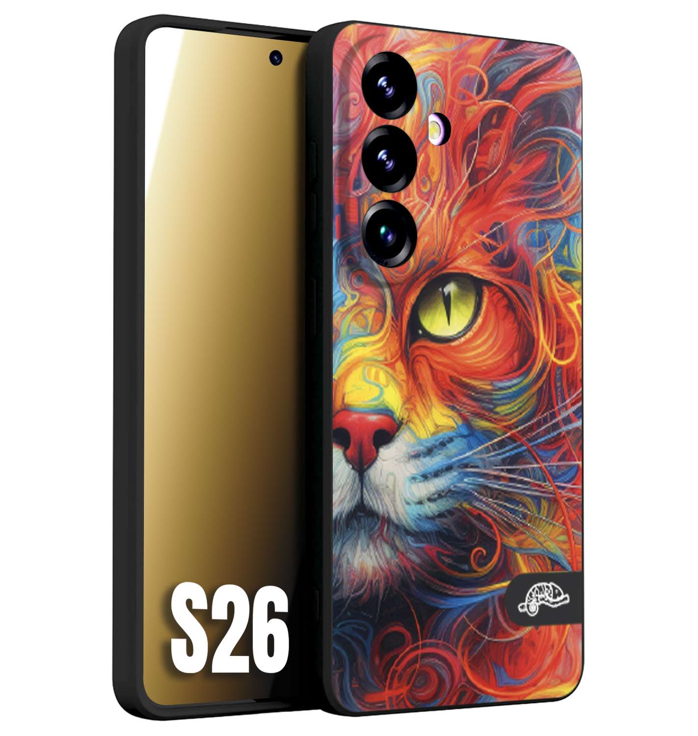 CUSTOMIZZA - Custodia cover nera morbida in tpu compatibile per Samsung S26 animali color cat gatto viso colori vibranti disegnato schizzo