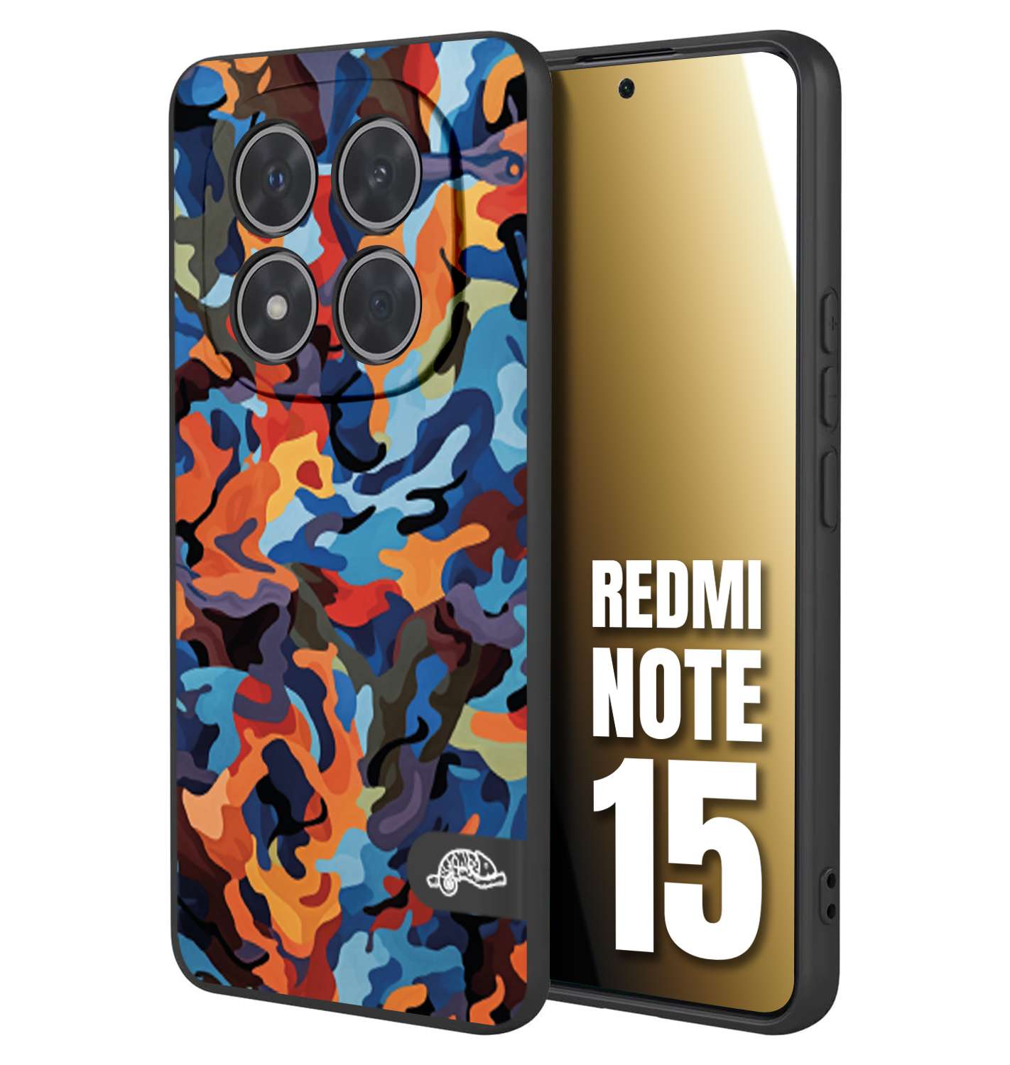 CUSTOMIZZA - Custodia cover nera morbida in tpu compatibile per Xiaomi Redmi Note 15 camouflage mimetico militare moderno blu arancio rosso