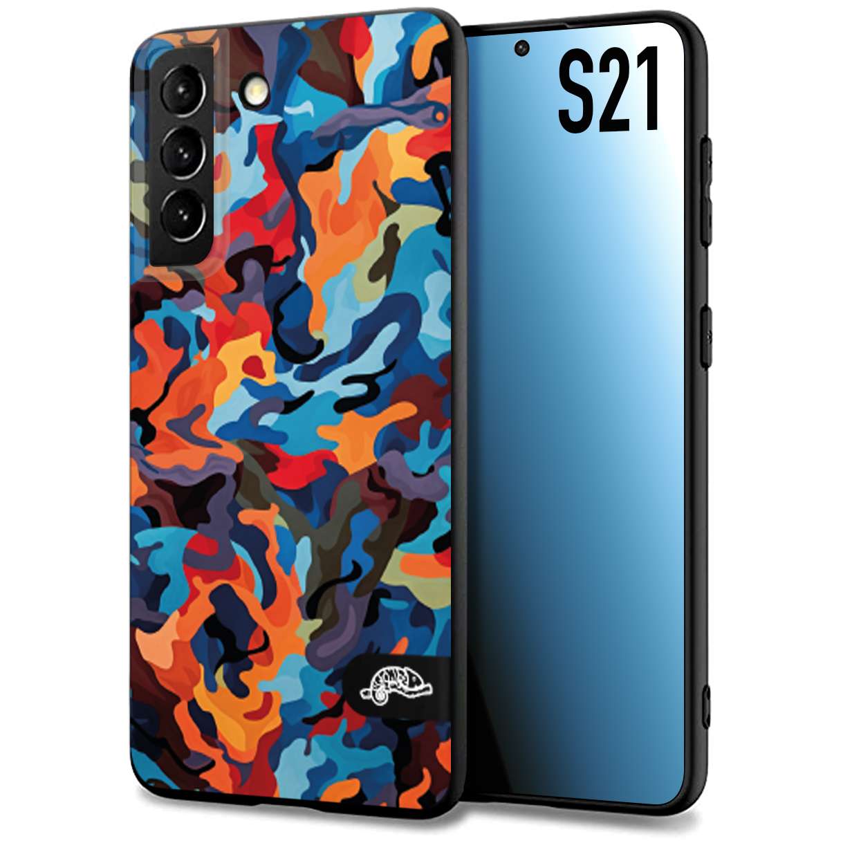 CUSTOMIZZA - Custodia cover nera morbida in tpu compatibile per Samsung S21 camouflage mimetico militare moderno blu arancio rosso