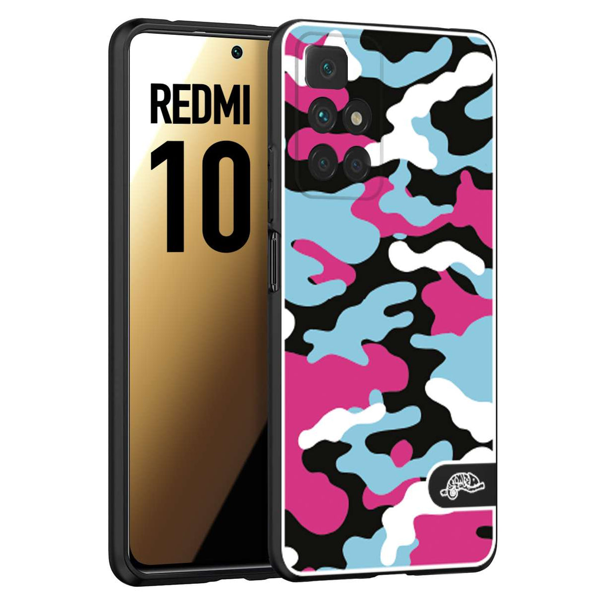 CUSTOMIZZA - Custodia cover nera morbida in tpu compatibile per Xiaomi Redmi 10 camouflage mimetico militare fucsia celeste