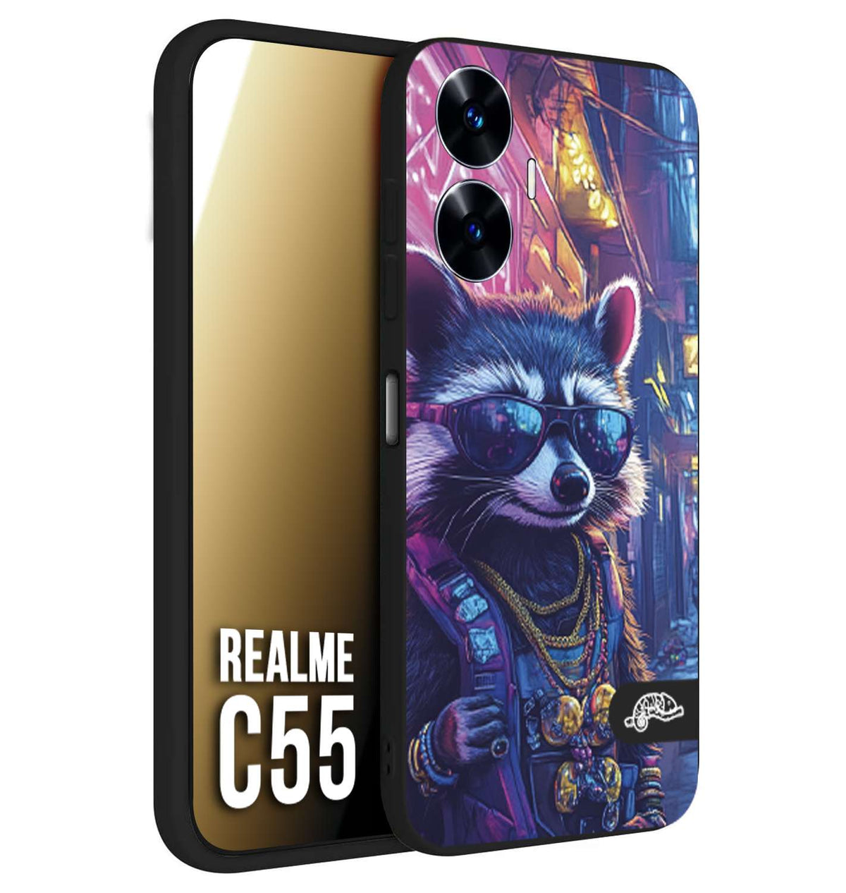 CUSTOMIZZA - Custodia cover nera morbida in tpu compatibile per Realme C55 animali simpatici cyberpunk procione racoon street cat fucsia blu giallo