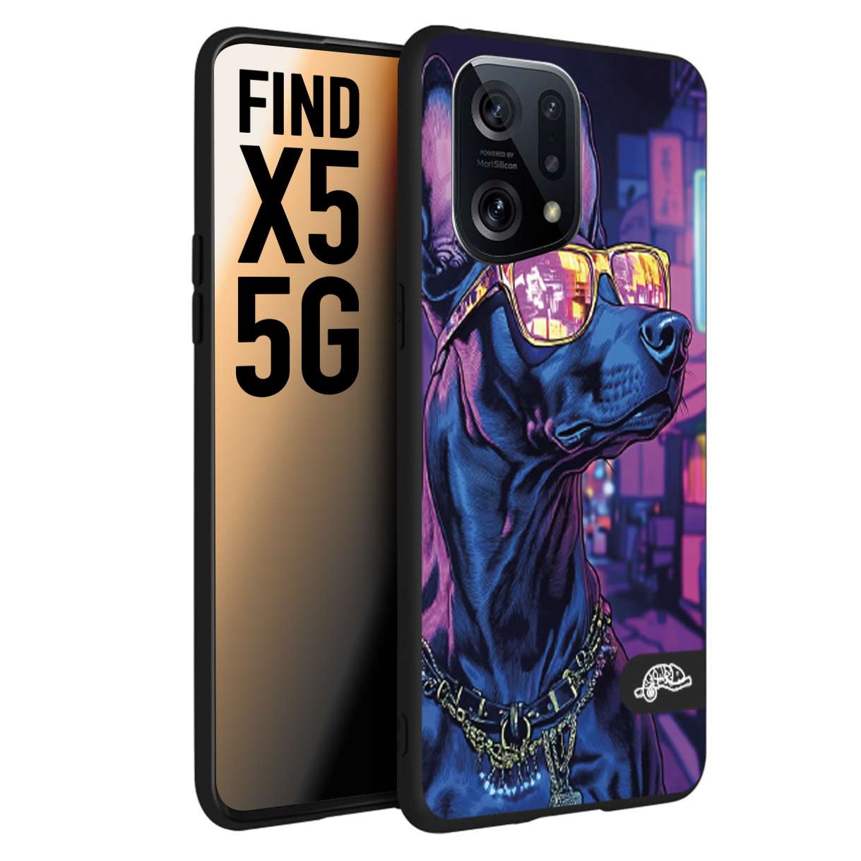 CUSTOMIZZA - Custodia cover nera morbida in tpu compatibile per Oppo Find X5 animali cyberpunk dobermann cane street dog fucsia blu night
