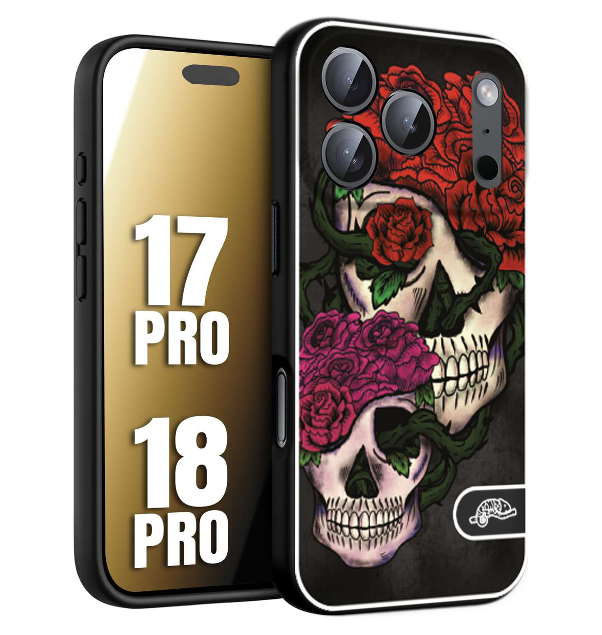 CUSTOMIZZA - Custodia cover nera morbida in tpu compatibile per iPhone 17 PRO - 18 PRO teschi e rose rosse fucsia skull and roses