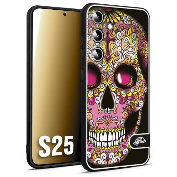 CUSTOMIZZA - Custodia cover nera morbida in tpu compatibile per Samsung S25 teschio messicano Mexican skull rosa gialla