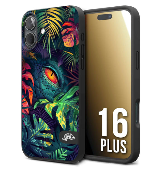 CUSTOMIZZA - Custodia cover nera morbida in tpu compatibile per iPhone 16 PLUS animali color giungla tropicale occhio di coccodrillo alligatore disegnato