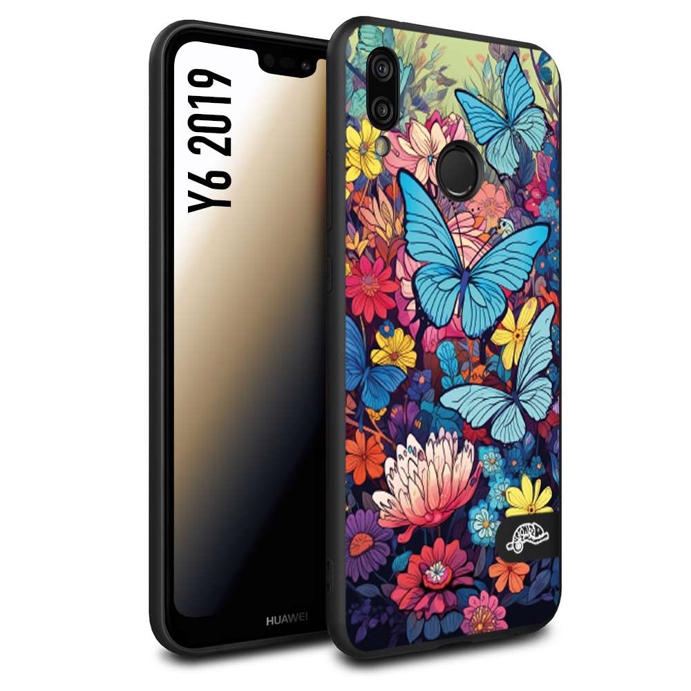 CUSTOMIZZA - Custodia cover nera morbida in tpu compatibile per Huawei Y6 2019 farfalle butterfly moderno donna disegnate gialla blu rosa