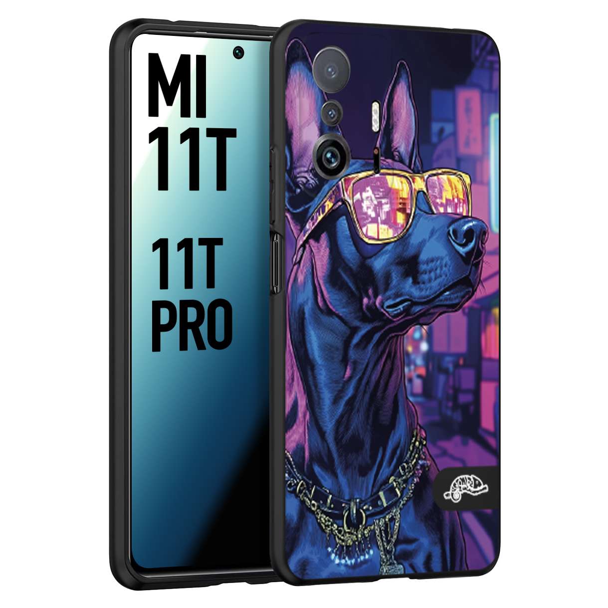 CUSTOMIZZA - Custodia cover nera morbida in tpu compatibile per Xiaomi Mi 11T - Mi 11T PRO animali cyberpunk dobermann cane street dog fucsia blu night