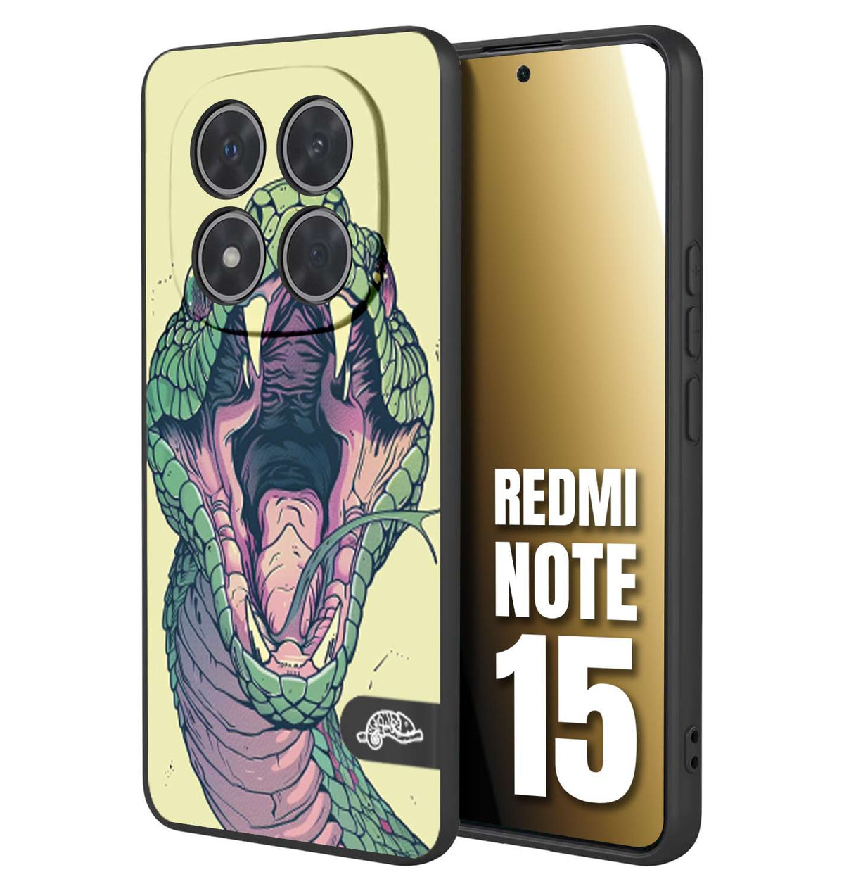 CUSTOMIZZA - Custodia cover nera morbida in tpu compatibile per Xiaomi Redmi Note 15 snake yellow green serpente tatuaggio tattoo disegnato a mano