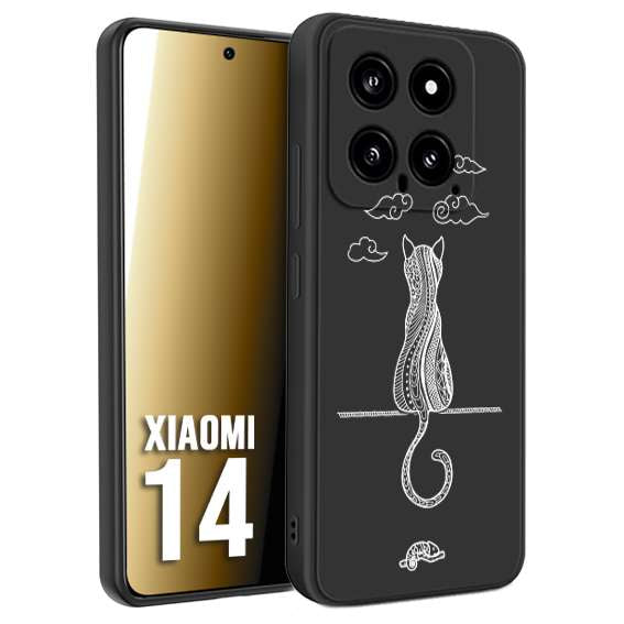 CUSTOMIZZA - Custodia cover nera morbida in tpu compatibile per Xiaomi 14 gatto mandala stilizzato gattino a rilievo soft touch donna bianca