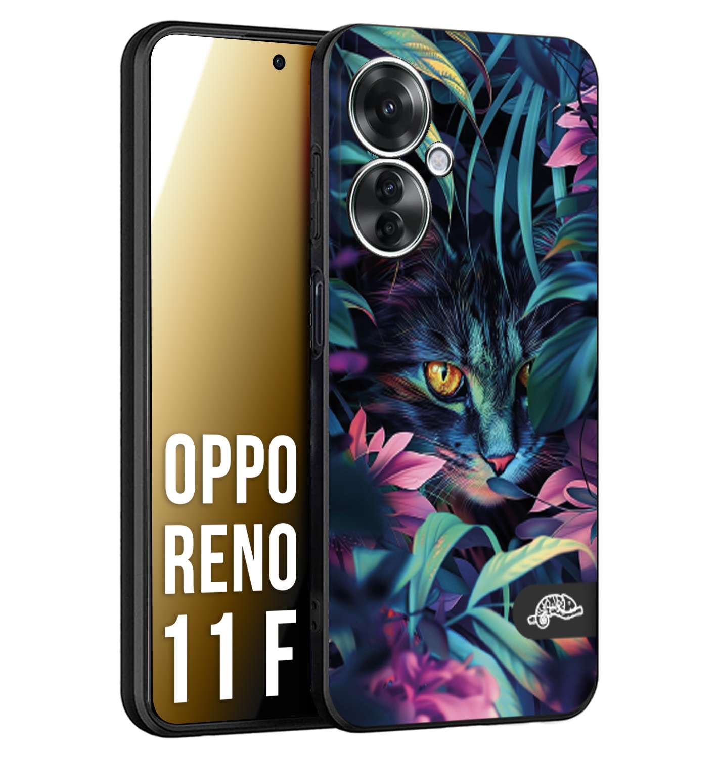 CUSTOMIZZA - Custodia cover nera morbida in tpu compatibile per Oppo Reno 11 F 5G animali color giungla tropicale occhio di gatto colori vibranti disegnato