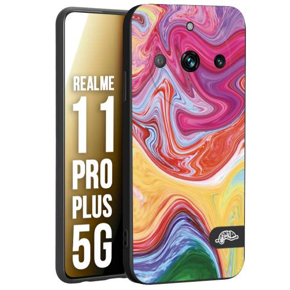 CUSTOMIZZA - Custodia cover nera morbida in tpu compatibile per Realme 11 PRO PLUS 5G colorata fantasia vortice marmo onde verde fucsia gialla