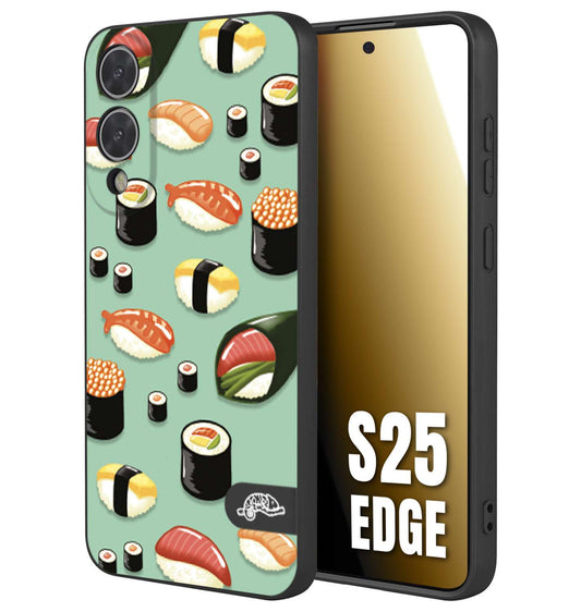 CUSTOMIZZA - Custodia cover nera morbida in tpu compatibile per Samsung S25 EDGE sushi disegni giapponese nighiri acquamarina verde
