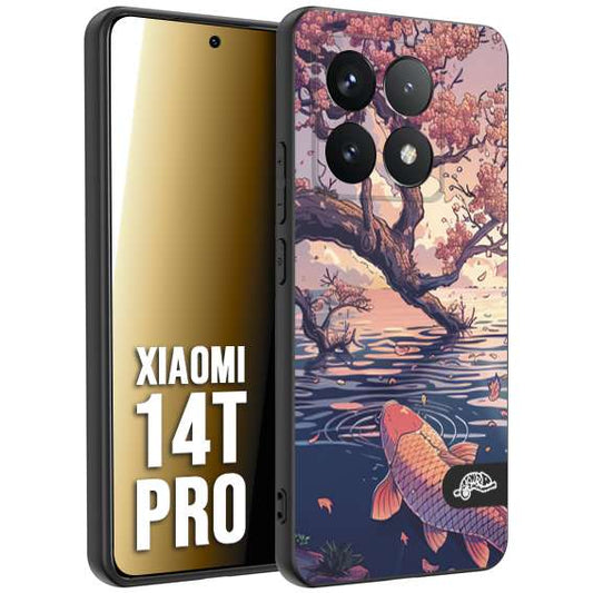 CUSTOMIZZA - Custodia cover nera morbida in tpu compatibile per Xiaomi 14T PRO giapponese lago carpa koi rosa con foglie d'acero disegnata tattoo