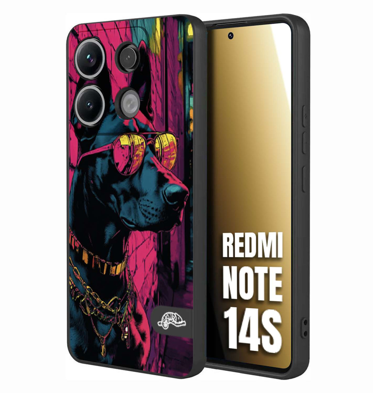 CUSTOMIZZA - Custodia cover nera morbida in tpu compatibile per Xiaomi Redmi Note 14S animali cyberpunk dobermann cane street dog fucsia blu