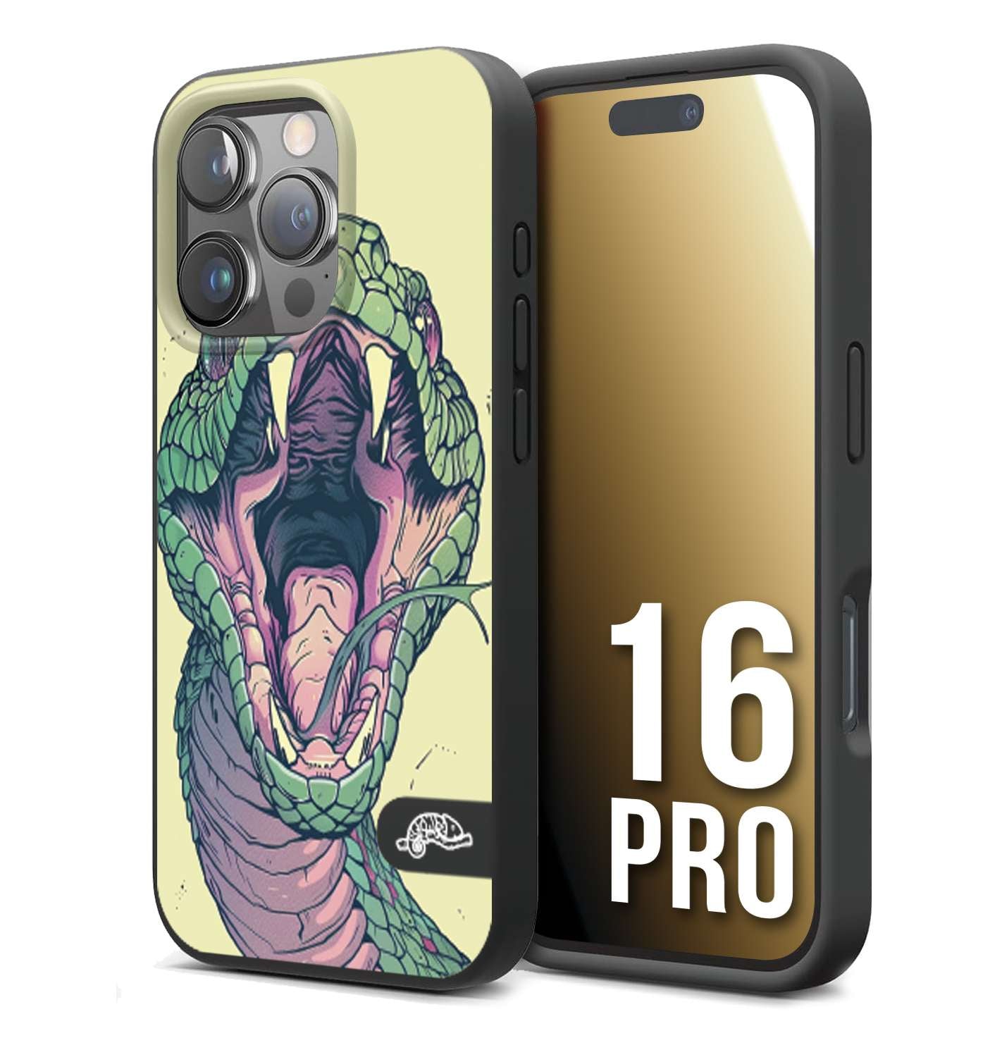CUSTOMIZZA - Custodia cover nera morbida in tpu compatibile per iPhone 16 PRO snake yellow green serpente tatuaggio tattoo disegnato a mano