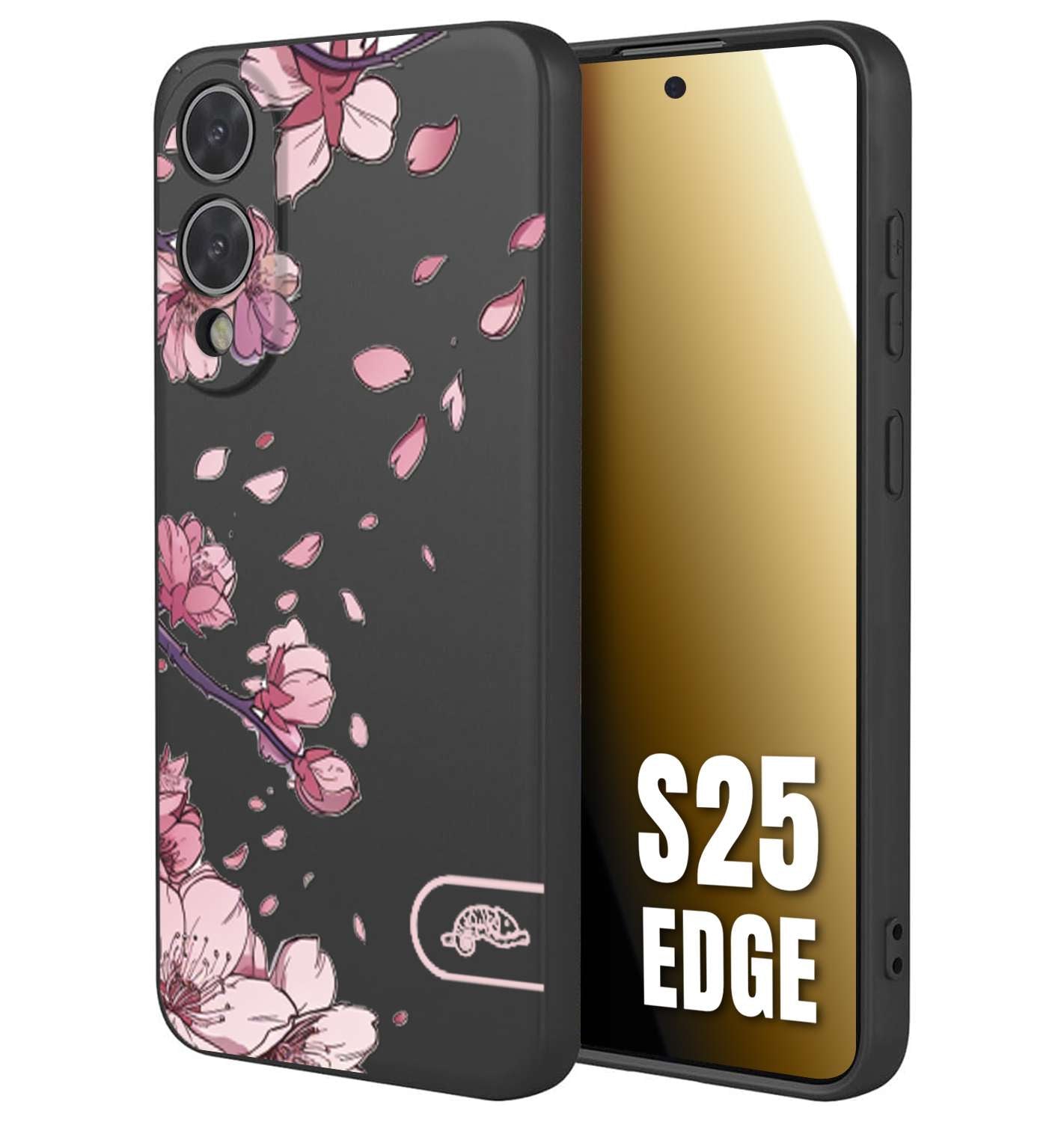 CUSTOMIZZA - Custodia cover nera morbida in tpu compatibile per Samsung S25 EDGE giapponese fiori di ciliegio in fiore a rilievo disegnata tattoo