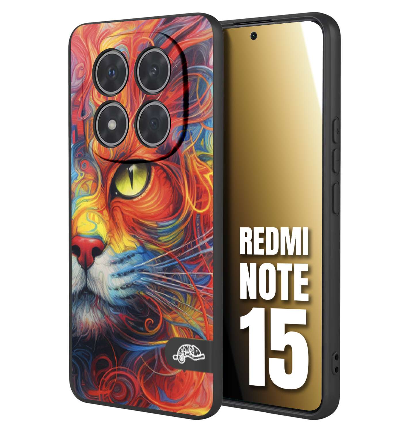 CUSTOMIZZA - Custodia cover nera morbida in tpu compatibile per Xiaomi Redmi Note 15 animali color cat gatto viso colori vibranti disegnato schizzo