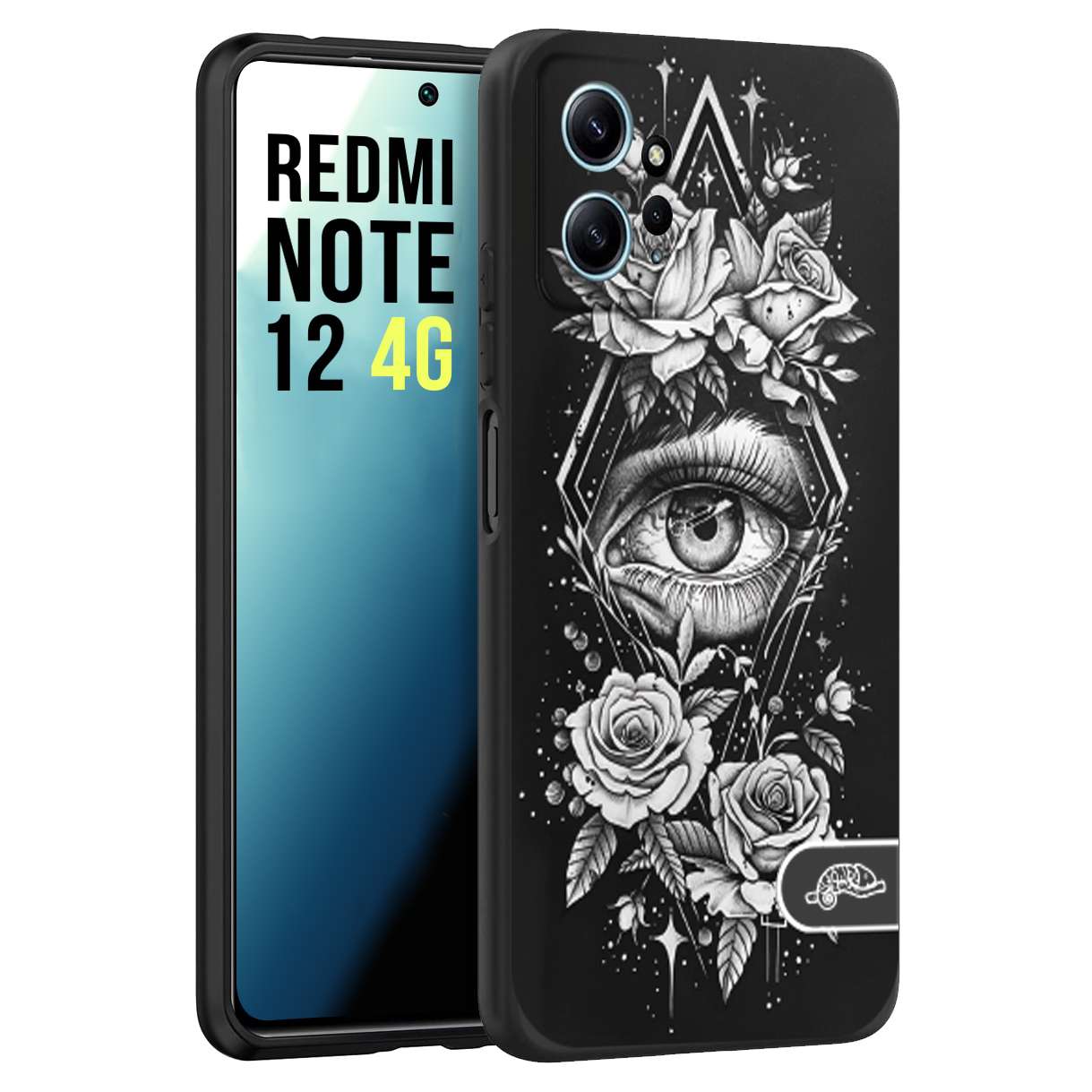 CUSTOMIZZA - Custodia cover nera morbida in tpu compatibile per Xiaomi Redmi Note 12 4G occhio fiori rombo geometrico black and white bianco a rilievo disegnato tattoo tatuaggio