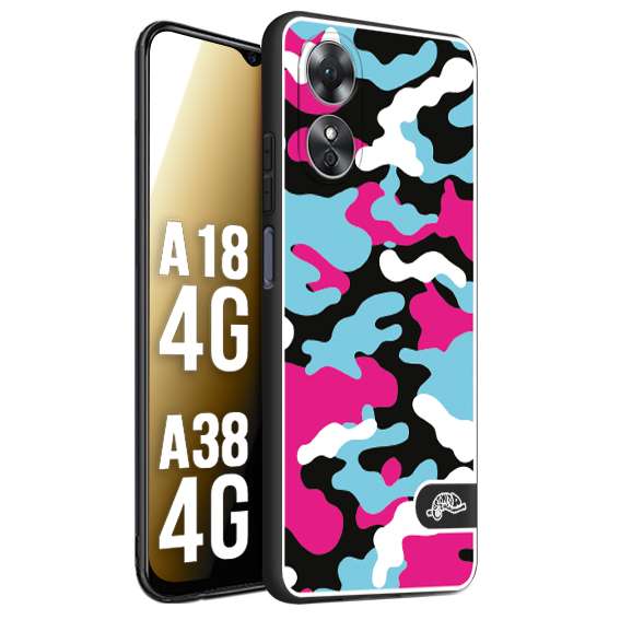 CUSTOMIZZA - Custodia cover nera morbida in tpu compatibile per Oppo A18 4G - A38 4G camouflage mimetico militare fucsia celeste