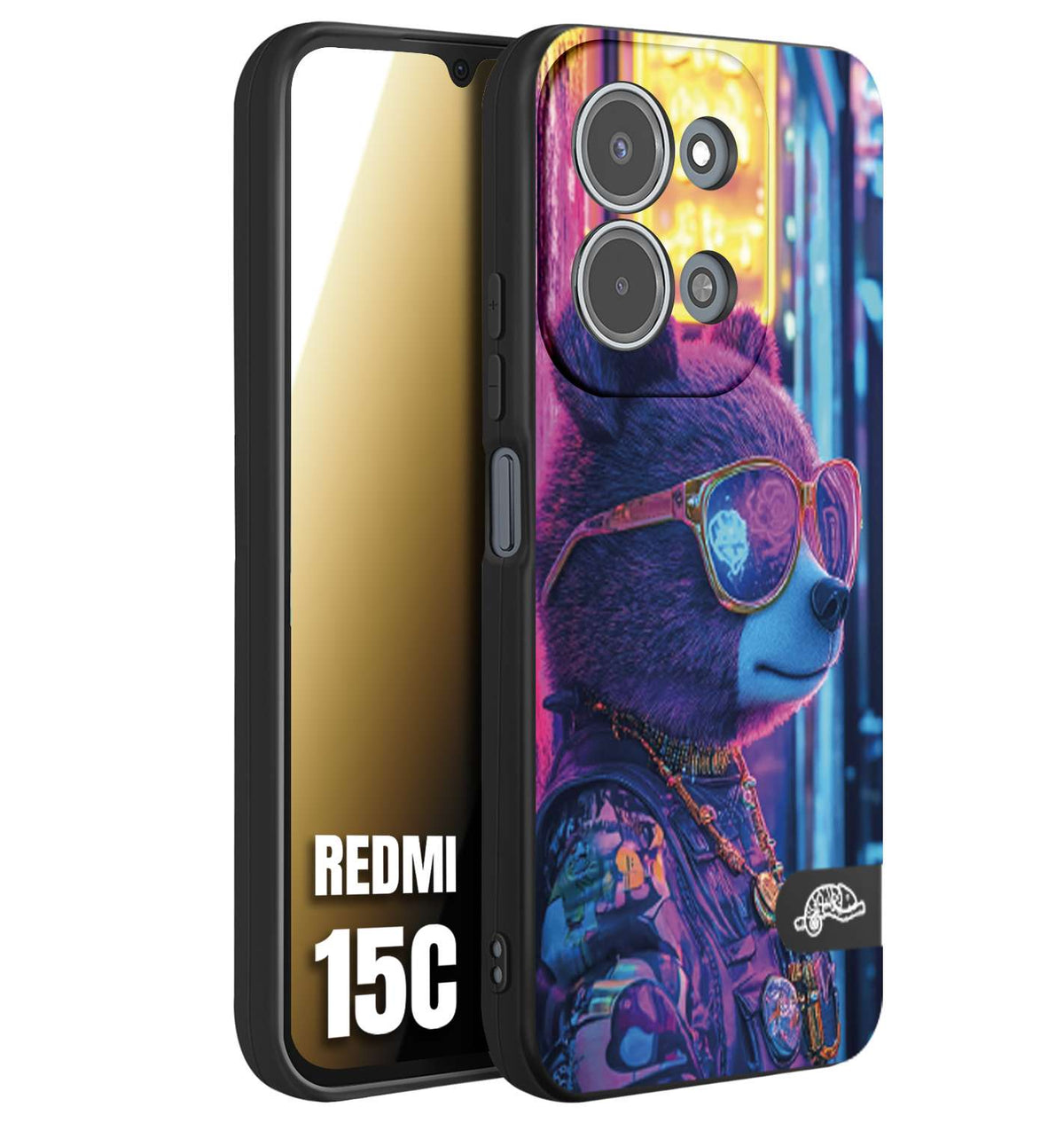 CUSTOMIZZA - Custodia cover nera morbida in tpu compatibile per Xiaomi Redmi 15C animali cyberpunk orsetto orso street bear fucsia blu night