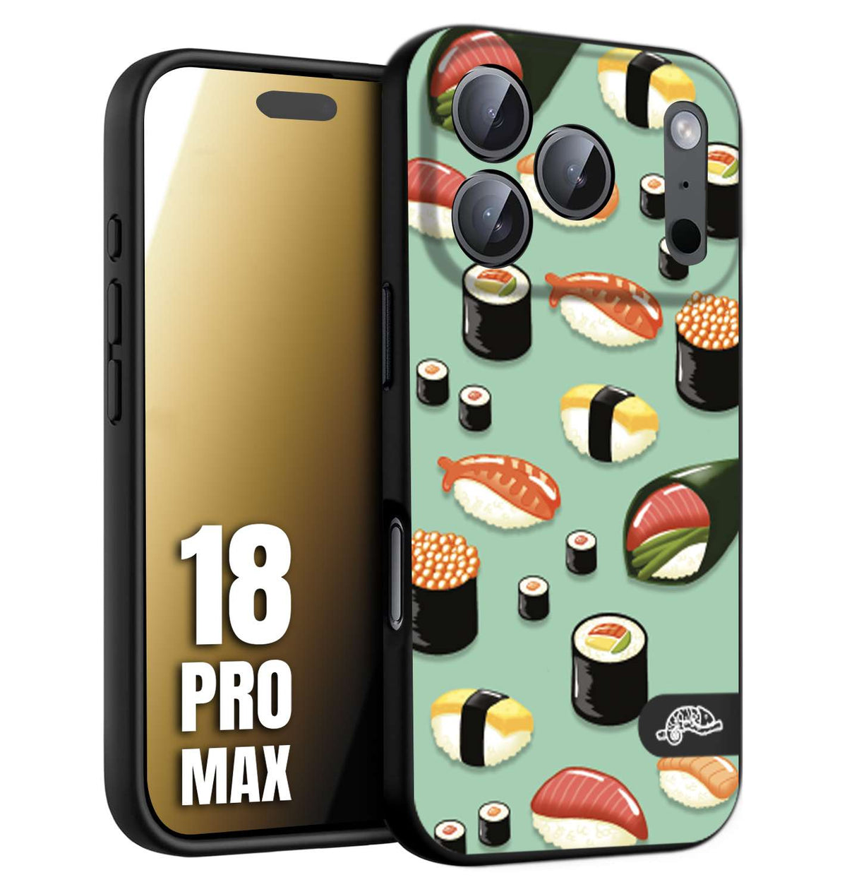 CUSTOMIZZA - Custodia cover nera morbida in tpu compatibile per iPhone 18 PRO MAX sushi disegni giapponese nighiri acquamarina verde