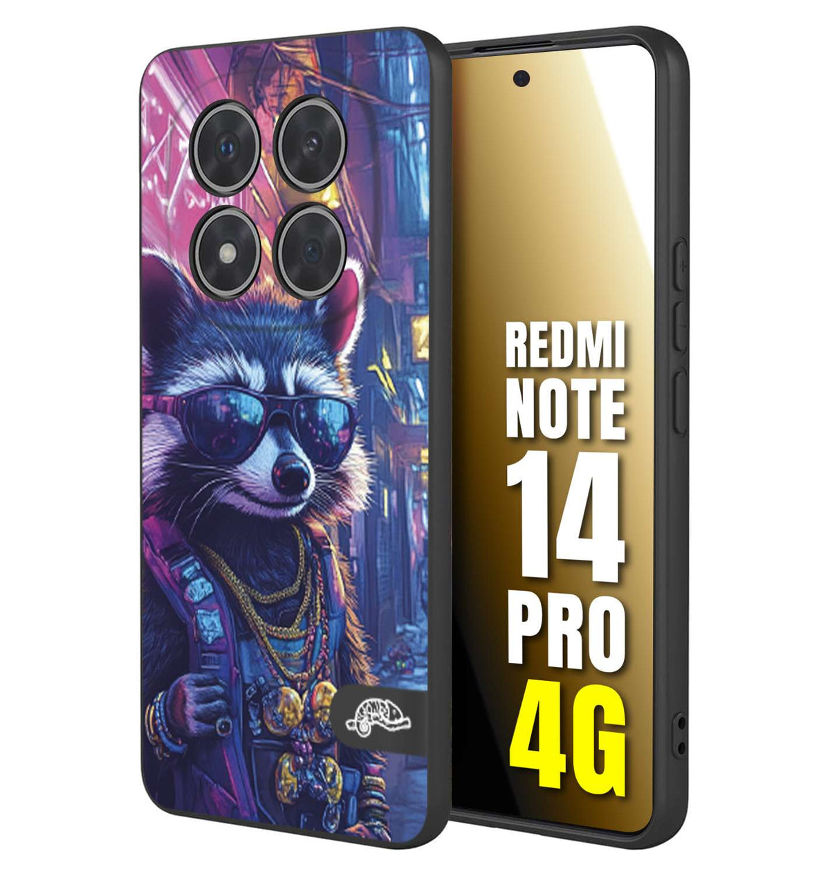 CUSTOMIZZA - Custodia cover nera morbida in tpu compatibile per Xiaomi Redmi Note 14 PRO 4G animali simpatici cyberpunk procione racoon street cat fucsia blu giallo