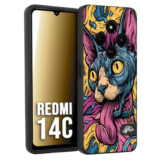 CUSTOMIZZA - Custodia cover nera morbida in tpu compatibile per Xiaomi Redmi 14C Sphynx Colorato Pop Art Psichedelico Gatto Blu Rosa Giallo Artistica Fantasy