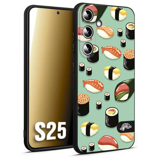 CUSTOMIZZA - Custodia cover nera morbida in tpu compatibile per Samsung S25 sushi disegni giapponese nighiri acquamarina verde