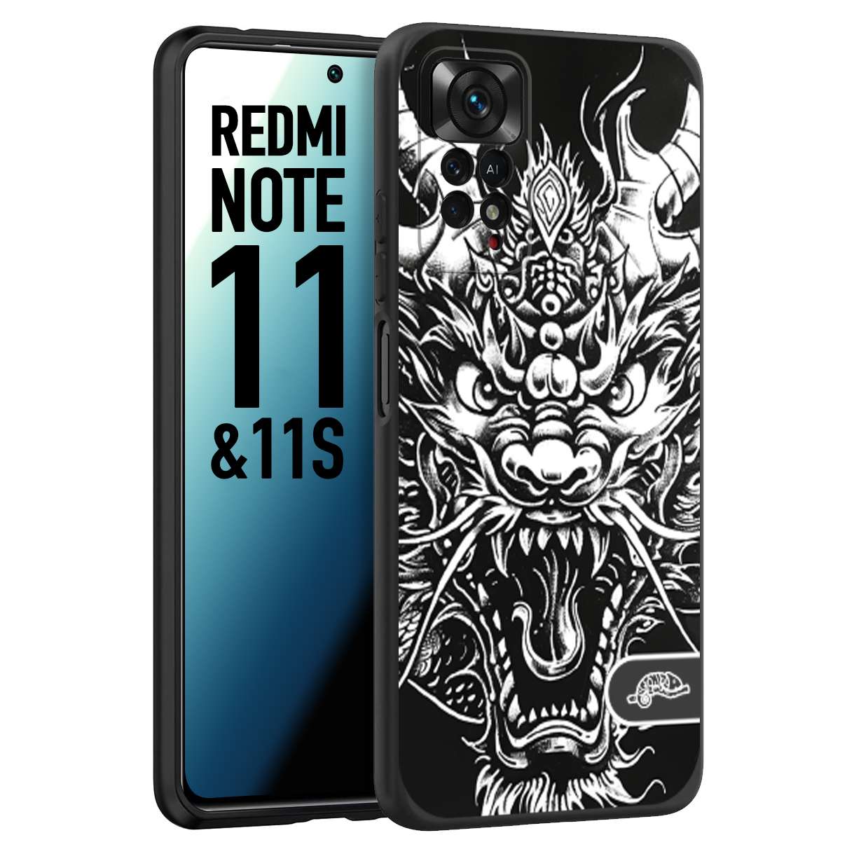 CUSTOMIZZA - Custodia cover nera morbida in tpu compatibile per Xiaomi Redmi Note 11 - Note 11S drago black and white bianco a rilievo disegnato tattoo tatuaggio