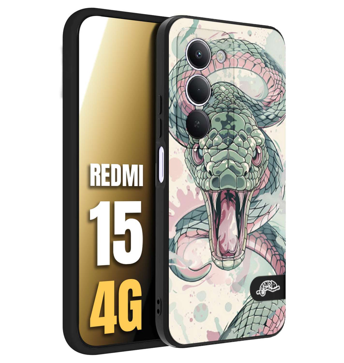 CUSTOMIZZA - Custodia cover nera morbida in tpu compatibile per Xiaomi Redmi 15 4G snake pink green serpente tatuaggio tattoo disegnato a mano